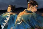  black_hair closed_eyes eyepatch facial_hair goatee hand_on_own_shoulder holding holding_weapon jacket japanese_clothes katana kiryuu_kazuma letterboxed looking_at_viewer looking_to_the_side majima_gorou male_focus night night_sky okita_souji_(isshin) one-eyed open_clothes open_jacket otamot outdoors ryuu_ga_gotoku_(series) ryuu_ga_gotoku_ishin! sakamoto_ryoma_(isshin) samurai sky sword teamwork thick_eyebrows translation_request tree tsuba_(guard) upper_body weapon white_background 