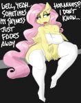  absurd_res anthro anthrofied big_breasts black_background blue_eyes bottomwear breasts clothed clothing dialogue english_text equid equine female fingers fluttershy_(mlp) flutterthrash friendship_is_magic hair half-closed_eyes hasbro hi_res legwear long_hair mammal my_little_pony narrowed_eyes open_mouth pegasus pink_hair pink_tail simple_background sitting solo stockings tail text thick_thighs thigh_highs topwear wings yellow_body 
