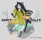  1girl absurdres animal_ears back black_gloves black_hair blue_footwear cat_ears gloves green_eyes gun highres orange_bag original polilla rain raincoat see-through_coat shoes sneakers solo stick_grenade weapon 