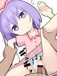  1boy 1girl ^^^ bar_censor belt buttons censored clothing_aside collared_dress commentary cookie_(touhou) dress feet_out_of_frame flat_chest hetero hisaka_(cookie) hospital_king looking_at_viewer medium_bangs medium_hair panties panties_aside penis pink_dress purple_eyes purple_hair pussy red_belt remilia_scarlet sex simple_background solo_focus touhou underwear v-shaped_eyebrows vaginal white_background white_panties 