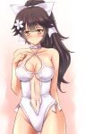  1girl absurdres azur_lane black_hair breasts casual_one-piece_swimsuit choker cleavage clothing_cutout collarbone cowboy_shot flower hair_flaps hair_flower hair_ornament hair_ribbon hand_on_own_chest highres large_breasts navel_cutout one-piece_swimsuit parted_lips ponytail ribbon sawwei005 side-tie_one-piece_swimsuit solo swimsuit takao_(azur_lane) takao_(beach_rhapsody)_(azur_lane) white_choker white_flower white_one-piece_swimsuit white_ribbon 