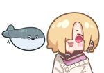  1girl black_sailor_collar blonde_hair blush_stickers cardigan chibi ear_piercing fish hair_over_one_eye idolmaster idolmaster_cinderella_girls motion_lines open_mouth piercing red_eyes sacabambaspis sailor_collar shirasaka_koume short_hair simple_background smile takato_kurosuke upper_body white_background white_cardigan 