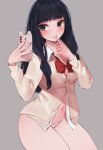  1girl absurdres black_hair blush bow breasts brown_eyes cardigan cleavage finger_to_mouth grey_background highres korean_commentary long_hair naingnaing navel oshi_no_ko panties red_bow school_uniform selfie simple_background solo sumi_yuki thighs underwear 