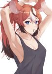  1girl alternate_costume animal_ears armpits arms_up black_hair blue_eyes breasts collarbone hakos_baelz highres hirasawa_izumi hololive hololive_english large_breasts long_hair looking_at_viewer looking_to_the_side mouse_ears mouse_girl multicolored_hair red_hair sideboob simple_background streaked_hair tank_top tying_hair virtual_youtuber white_hair 