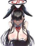 1girl absurdres black_hair blue_archive bow bowtie breasts commentary copyright_request detached_collar halo highres long_hair looking_at_viewer panvyru playboy_bunny rio_(blue_archive) sweat very_long_hair 