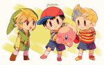  3boys :d ;d artist_name baseball_cap belt black_eyes black_hair blonde_hair blue_shirt blue_shorts blush blush_stickers boots brown_belt brown_footwear carrying closed_mouth commentary_request full_body green_background green_headwear green_shirt green_tunic hat highres kirby kirby_(series) link long_sleeves looking_at_another lucas_(mother_3) mother_(game) mother_2 mother_3 multicolored_clothes multiple_boys ness_(mother_2) one_eye_closed open_mouth orange_footwear pointy_ears quiff red_footwear red_headwear red_shirt shirt shoes short_hair shorts sidelocks simple_background smile socks standing striped striped_shirt the_legend_of_zelda the_legend_of_zelda:_the_wind_waker tokuura toon_link tunic twitter_username two-tone_shirt white_background white_socks yellow_shirt 