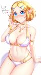  1girl anisdrawn arm_support armlet bare_arms bare_shoulders bikini blonde_hair blue_eyes blush bracelet breasts collarbone commentary groin hair_ornament hairclip heart highres jewelry large_breasts looking_at_viewer navel nose_blush o-ring o-ring_bikini pointy_ears princess_zelda short_hair simple_background sitting smile solo stomach swimsuit the_legend_of_zelda the_legend_of_zelda:_tears_of_the_kingdom thighs triforce white_background white_bikini 