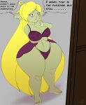  absurd_res big_breasts blonde_hair breasts cleavage clothed clothing english_text female goblin green_body green_skin hair hi_res humanoid lingerie n-kosi not_furry panties text thick_thighs thought_bubble underwear 