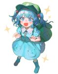  +_+ 1girl backpack bag blue_eyes blue_footwear blue_hair blue_shirt blue_skirt blush boots collared_shirt flat_cap full_body green_headwear hair_bobbles hair_ornament hat highres jill_07km kawashiro_nitori key open_mouth rubber_boots shirt short_hair short_sleeves simple_background skirt solo sparkle touhou two_side_up white_background 