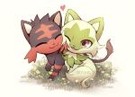  artist_name closed_eyes draggincat grass heart litten no_humans one_eye_closed open_mouth pokemon pokemon_(creature) simple_background sprigatito watermark 