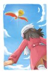  1girl beanie bird black_hair border buttons cloud coat commentary_request dated dawn_(pokemon) day from_below hair_ornament hairclip hat highres ho-oh long_hair long_sleeves nengajou new_year outdoors over-kneehighs pink_coat pokemon pokemon_(creature) pokemon_(game) pokemon_dppt pokemon_platinum sawa_(soranosawa) scarf sky thighhighs white_border white_headwear white_scarf 