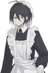  1boy ahoge alternate_costume apron black_dress black_hair blush brown_eyes closed_mouth collared_dress cowboy_shot danganronpa_(series) danganronpa_v3:_killing_harmony dress enmaided frown hair_between_eyes highres long_sleeves maid maid_apron male_focus saihara_shuichi seuli_(sa404_3) short_hair simple_background solo white_background 