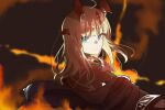  1girl arknights black_coat black_dress blonde_hair blue_eyes closed_mouth coat dress e-razor fire flower hair_between_eyes highres horns long_hair looking_at_viewer looking_back reed_(arknights) reed_the_flame_shadow_(arknights) simple_background smile upper_body 