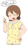 1girl aioi_yuuko brown_hair closed_eyes english_text index_finger_raised music musical_note nichijou nishimura_(prism_engine) open_mouth pajamas short_sleeves simple_background singing solo speech_bubble white_background 