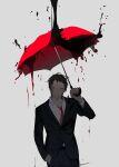  1boy adachi_tooru black_hair black_jacket black_pants blood blood_splatter business_suit closed_mouth collared_shirt commentary grey_background grey_eyes hand_in_pocket hand_up highres holding holding_umbrella jacket kaninn long_sleeves looking_at_viewer male_focus necktie pants persona persona_4 red_necktie red_umbrella shirt short_hair simple_background smile solo standing suit symbol-only_commentary twitter_username umbrella white_shirt 
