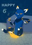  2023 5_fingers 621_(number) 621_day ambiguous_gender anthro e621 esix featureless_crotch fingers fire flaming_tail half-closed_eyes hexagon hexagon_background hexagonal_grid hexagons hi_res kaiberu legs_up mascot narrowed_eyes open_mouth raised_leg sitting smile solo tail tongue yellow_eyes yellow_tongue 