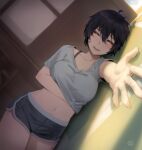  1girl bandaid bandaid_on_cheek bandaid_on_face black_hair breasts closed_eyes dutch_angle facing_viewer hunyan indoors large_breasts lying navel on_floor on_side open_mouth original outstretched_arm shirt short_shorts shorts smile 