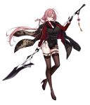  1girl black_coat black_footwear black_gloves black_thighhighs breasts ciel_(counter:side) coat counter:side full_body gloves grey_eyes holding holding_weapon looking_at_viewer official_art pink_hair polearm solo spear thighhighs transparent_background weapon 
