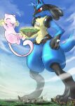  2023 3_fingers 5:7 anthro atmosphere atmospheric_perspective blush cloud destruction digital_media_(artwork) eyes_closed fingers floating flying generation_1_pokemon generation_4_pokemon hi_res landscape_dwarfing legendary_pokemon levitation lucario macro male mew_(pokemon) nekojyaras77 nintendo open_mouth planet pokemon pokemon_(species) sky telekinesis 