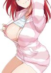  1girl breasts cleavage clothes_lift dolphin_wave head_out_of_frame highres jacket long_hair morisobo nipples no_bra one_breast_out pink_jacket pink_stripes red_hair sakimiya_iruka shirt shirt_lift simple_background smile solo striped striped_jacket white_background white_shirt 