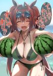 1girl :d ^_^ animal_ears ass_visible_through_thighs bikini breasts closed_eyes commentary daiwa_scarlet_(umamusume) eyewear_on_head fang food fruit green_bikini hair_between_eyes highres horse_ears horse_girl horse_tail jewelry large_breasts long_hair necklace open_mouth red_hair sasanon_(sasapoliton) side-tie_bikini_bottom smile solo speech_bubble standing sunglasses swimsuit tail tracen_swimsuit translation_request twintails umamusume watermelon wet 