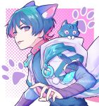  2boys animal_ears black_cat border cat cat_boy cat_ears collar dual_persona genshin_impact highres male_focus multicolored_eyes multicolored_hair multiple_boys paw_print pink_eyes pink_hair purple_eyes purple_hair red_collar scaramouche_(cat)_(genshin_impact) scaramouche_(genshin_impact) short_hair tongue tongue_out twitter_username vision_(genshin_impact) vivivovo wanderer_(genshin_impact) white_border 