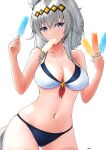  1girl absurdres ahoge animal_ears bikini blue_eyes breasts cleavage commentary_request food grey_hair highres horse_ears horse_girl horse_tail large_breasts long_hair looking_at_viewer mismatched_bikini mouth_hold navel oguri_cap_(umamusume) oryou_gunsou popsicle solo swimsuit tail umamusume 