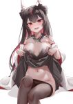  1girl absurdres azur_lane black_hair black_pantyhose black_skirt blush breasts classic_(zildjian33) clothes_lift fangs hatsuzuki_(azur_lane) highres lifted_by_self looking_at_viewer navel open_mouth pantyhose red_eyes simple_background sitting skirt skirt_lift solo teeth upper_teeth_only white_background 