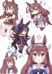  2girls ? animal_ears bare_shoulders black_hair blue_eyes breasts brown_dress brown_hair chibi closed_mouth cross-laced_footwear crown_patisserie_(umamusume) detached_sleeves dress ear_ornament grey_leotard grey_thighhighs hair_ornament hairclip heart highres horse_ears horse_girl horse_tail large_breasts leotard long_hair mihono_bourbon_(code:glassage)_(umamusume) mihono_bourbon_(umamusume) multiple_girls multiple_views official_alternate_costume purple_dress purple_eyes red_footwear rice_shower_(umamusume) simoyuki simple_background sparkle tail thighhighs tilted_headwear umamusume white_background 