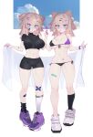  2girls aa-12_(girls&#039;_frontline) aa-12_(the_sun_never_rises)_(girls&#039;_frontline) absurdres ahoge asymmetrical_legwear bags_under_eyes bandaid bandaid_on_face bandaid_on_knee bandaid_on_leg bike_shorts bikini black_shirt blue_eyes breasts candy crop_top dual_persona eonsang food front-tie_bikini_top front-tie_top girls&#039;_frontline hair_ornament hairclip hand_on_another&#039;s_shoulder highres holding holding_candy holding_food holding_lollipop holding_towel impossible_clothes impossible_shirt large_breasts light_brown_hair lollipop medium_hair mismatched_legwear multiple_girls nail_polish official_alternate_costume shirt shoes side-tie_bikini_bottom single_sock smile sneakers socks swimsuit thigh_gap towel two-tone_bikini 
