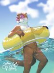  2023 african_clawless_otter anthro balls brown_body brown_fur casual_nudity erection eyewear eyewear_only fur furry-specific_brand genitals glasses glasses_only hi_res humanoid_genitalia humanoid_penis inflatable inner_tube male mammal multicolored_body mustelid nude otter outside partially_submerged penis round_glasses rudderbutts sami_(rudderbutts) sea skrawl sky solo summer swimming tail two_tone_body water whiskers 