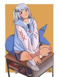  1girl :3 bandaid bandaid_on_knee bandaid_on_leg blue_eyes blue_nails blue_necktie blue_skirt book border closed_mouth collared_shirt commentary costume_request cross-laced_clothes cross-laced_sleeves desk drawstring english_commentary fins fish_tail gawr_gura gawr_gura_(school_uniform) grey_hair hair_bobbles hair_ornament heart highres hololive hololive_english hood hood_down hoodie indian_style keiokie looking_to_the_side mary_janes medium_hair miniskirt multicolored_hair multicolored_hair_bobbles necktie official_alternate_costume one_side_up orange_background outside_border pencil_case shark_girl shark_tail shirt shoes simple_background sitting skirt socks solo streaked_hair tail virtual_youtuber white_border white_footwear white_shirt white_sleeves white_socks 