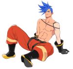  1boy abs asymmetrical_hair bara black_footwear black_gloves blue_eyes blue_hair boots closed_mouth collarbone duruko firefighter galo_thymos gloves looking_at_viewer male_focus mohawk on_floor pants pectorals promare red_pants short_hair sidecut sitting smile solo spiked_hair spread_legs tan tanlines toned toned_male topless_male undercut white_background 