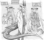  3girls arknights bag bagpipe_(arknights) box carrying character_name coat denim dlanon dragon_girl dragon_horns dragon_tail epaulettes farmer greyscale hat holding holding_box horns jeans long_hair long_sleeves military_uniform monochrome multiple_girls open_clothes open_coat open_mouth pants plaid plaid_shirt reed_(arknights) ribbed_sweater saileach_(arknights) shirt shoulder_bag sidelocks straw_hat sweater tail twitter_username uniform very_long_hair 