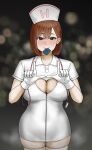  1girl absurdres black_eyes blush breasts brown_hair cleavage condom condom_in_mouth condom_wrapper gloves hat highres looking_at_viewer mouth_hold nurse_cap original short_hair smile solo stethoscope tantanmen72 thighhighs white_gloves white_thighhighs zettai_ryouiki 