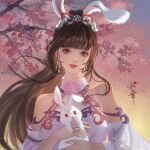  1girl absurdres animal animal_ears bao_jin_wu_tutu bare_shoulders branch brown_hair cherry_blossoms closed_mouth douluo_dalu dress earrings highres holding holding_animal jewelry long_hair pink_eyes rabbit rabbit_ears smile solo upper_body white_dress xiao_wu_(douluo_dalu) 