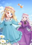  2girls :d aqua_dress ascot bird black_ascot blonde_hair blue_eyes bow brooch buchigire_reijou_wa_houfuku_o_chikaimashita._~madousho_no_chikara_de_sokoku_o_tataki_tsubushimasu~ clenched_hand cloud daisy day double-parted_bangs dress feet_out_of_frame female_child flower flower_wreath frilled_dress frills hair_bow hair_tucking hand_up head_wreath heterochromia highres jewelry leaning_forward long_dress long_hair long_sleeves looking_at_another looking_back masami_(souzou_jinsei_sanka) multiple_girls official_art pantyhose pink_flower purple_bow purple_dress red_eyes running sidelocks skirt_hold smile standing swept_bangs teeth tree two_side_up upper_teeth_only water wavy_hair white_bow white_flower white_hair white_pantyhose 