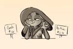  2023 anthro breasts clothed clothing clothing_lift disney english_text female flashing fluttershythekind front_view greyscale hat headgear headwear hi_res judy_hopps lagomorph leporid looking_aside mammal monochrome nipples one_breast_out rabbit shirt shirt_lift sign sketch solo text topwear zootopia 