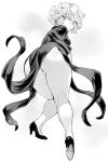  1girl ass ass_focus back black_dress breasts curly_hair dress floating greyscale high_heels highres huge_ass levitation long_sleeves looking_at_viewer mogudan monochrome one-punch_man petite simple_background small_breasts solo tatsumaki thick_thighs thighs thong white_background 