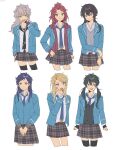  6+girls bangs_pinned_back black_hair blazer blonde_hair blue_eyes blue_jacket blue_necktie brown_hair brown_skirt chiba_(satochikasmart) collared_shirt earrings ensemble_stars! fushimi_yuzuru genderswap genderswap_(mtf) green_eyes grey_background grey_hair heterochromia isara_mao jacket jewelry kagehira_mika long_hair long_sleeves looking_at_viewer low_twintails medium_hair multiple_girls narukami_arashi necktie ogami_koga pink_hair plaid plaid_skirt purple_eyes purple_hair red_eyes sakuma_ritsu school_uniform shirt skirt twintails white_shirt yellow_eyes yumenosaki_school_uniform 