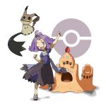  ;d acerola_(pokemon) arm_up armlet clenched_hands dress eyelashes flip-flops flipped_hair grey_eyes hair_ornament hairclip highres leg_up medium_hair mimikyu multicolored_clothes multicolored_dress one_eye_closed open_mouth palossand poke_ball_symbol pokemon pokemon_(game) pokemon_sm purple_hair sandals short_sleeves smile stitches teru_zeta topknot torn_clothes torn_dress white_background 
