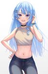  1girl :d absurdres alternate_costume black_choker blue_eyes blue_hair breasts casual choker crop_top denim grey_tank_top hand_on_own_hip highres hololive hoshimachi_suisei jeans long_hair medium_breasts midriff navel open_mouth pants smile solo star_(symbol) star_in_eye stomach symbol_in_eye tank_top very_long_hair virtual_youtuber 
