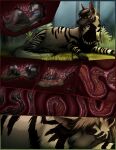  abdominal_bulge anthro belly bodily_fluids canid canine canis comic digestion digestion_sequence digital_media_(artwork) duo fatal_vore feral forest forest_background fur guts hair hi_res hyena internal intestines lemondeer male male/male mammal nature nature_background open_mouth oral_vore organs plant saliva size_difference smaller_male stomach striped_hyena teeth tree vore wolf 