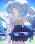  1girl absurdres bag blue_eyes blue_hair blue_skirt blue_sky cloud cloudy_sky hatsune_miku highres light_blue_hair long_sleeves mihoranran neckerchief ocean sailor_collar school_bag shirt short_sleeves shoujo_rei_(vocaloid) skirt sky solo twintails vocaloid wavy_hair white_sailor_collar white_shirt yellow_neckerchief 