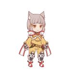  &gt;:) 1girl animal_ear_fluff animal_ears brown_eyes chibi closed_mouth commentary_request full_body grey_hair jumpsuit long_sleeves nia_(xenoblade) puffy_long_sleeves puffy_sleeves red_footwear ribbed_jumpsuit shoes simple_background sleeves_past_wrists smile solo standing v-shaped_eyebrows white_background xenoblade_chronicles_(series) xenoblade_chronicles_2 yellow_jumpsuit yoruusagi 