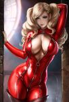  1girl arm_behind_head blonde_hair blue_eyes bodysuit boots breasts cleavage dandon_fuga highres large_breasts persona persona_5 red_bodysuit solo stone_wall takamaki_anne thigh_boots thigh_gap twintails wall window 