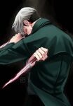  1boy black_coat chainsaw_man coat curtained_hair dark_background dual_wielding ear_piercing facial_hair grey_hair holding holding_knife kishibe_(chainsaw_man) kitunejima knife looking_at_viewer looking_back piercing short_hair solo stubble undercut 