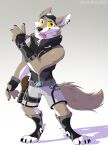  2022 absurd_res anthro belt biped bodily_fluids bottomwear brown_body brown_fur canid canine canis clothed clothing digital_media_(artwork) ear_piercing ear_ring epic_games eyebrows fingerless_gloves footwear fortnite full-length_portrait fully_clothed fur furgonomic_headwear furgonomics gloves grey_background handwear hi_res leo-wolf male mammal open_mouth open_smile orange_sclera piercing portrait ring_piercing saliva scar shoes shorts simple_background smile solo standing tail teeth tongue tongue_out topwear vest wendell_(fortnite) white_body white_fur wolf 