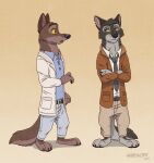  2023 aar0njay anthro anthrofied artist_name balto balto_(film) barefoot black_body black_fur blue_eyes brown_body brown_fur canid canine cheek_tuft clothed clothing crossed_arms facial_tuft feet fully_clothed fur gradient_background grey_body grey_fur hi_res looking_at_another mammal simple_background standing tuft universal_studios yellow_background yellow_sclera 