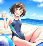  1girl artist_name ball beach beachball blue_one-piece_swimsuit blue_sky breasts brown_hair cloud cloudy_sky collarbone competition_swimsuit covered_navel dated day forest hair_between_eyes hairband highleg highleg_swimsuit highres horizon island kantai_collection looking_at_viewer nature navel ocean one-piece_swimsuit open_mouth outdoors sand short_hair sky small_breasts smile solo sunlight swimsuit tanikaze_(kancolle) towel tree tsuchimiya v water white_hairband 